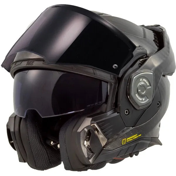 Black motorcycle helmet with visor on a white background