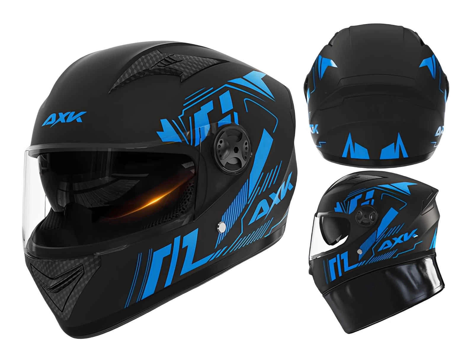 Black and blue motorcycle helmet with '4XK' branding on a white background