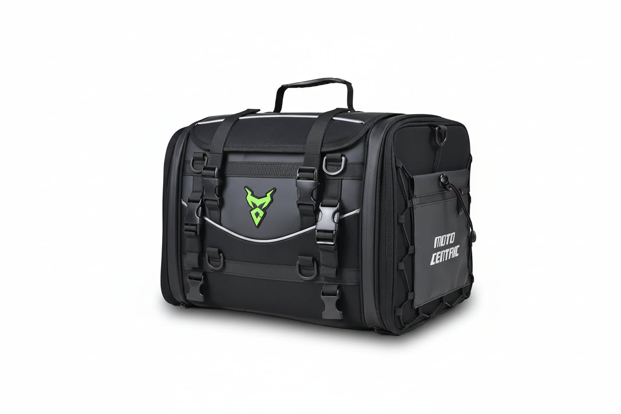 Black travel bag with green logo and 'Moto Centric' branding on a white background