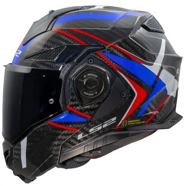 Black motorcycle helmet with blue and red accents on a white background