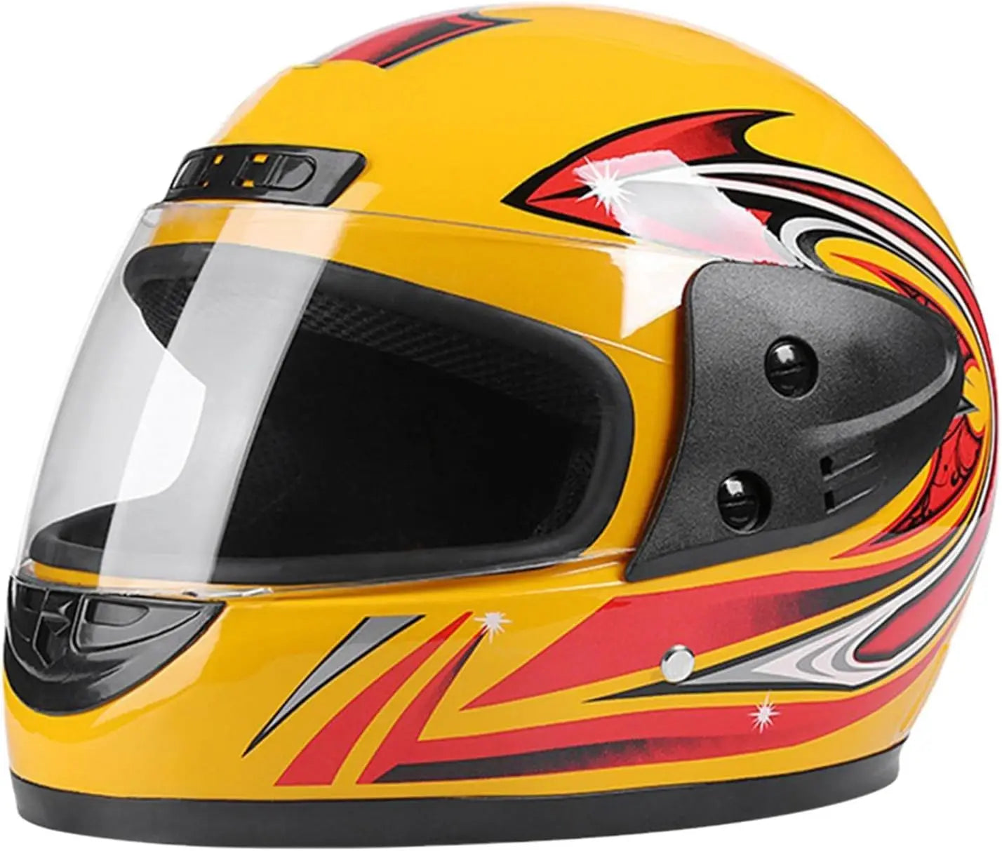 Yellow motorcycle helmet with red and black design on a white background