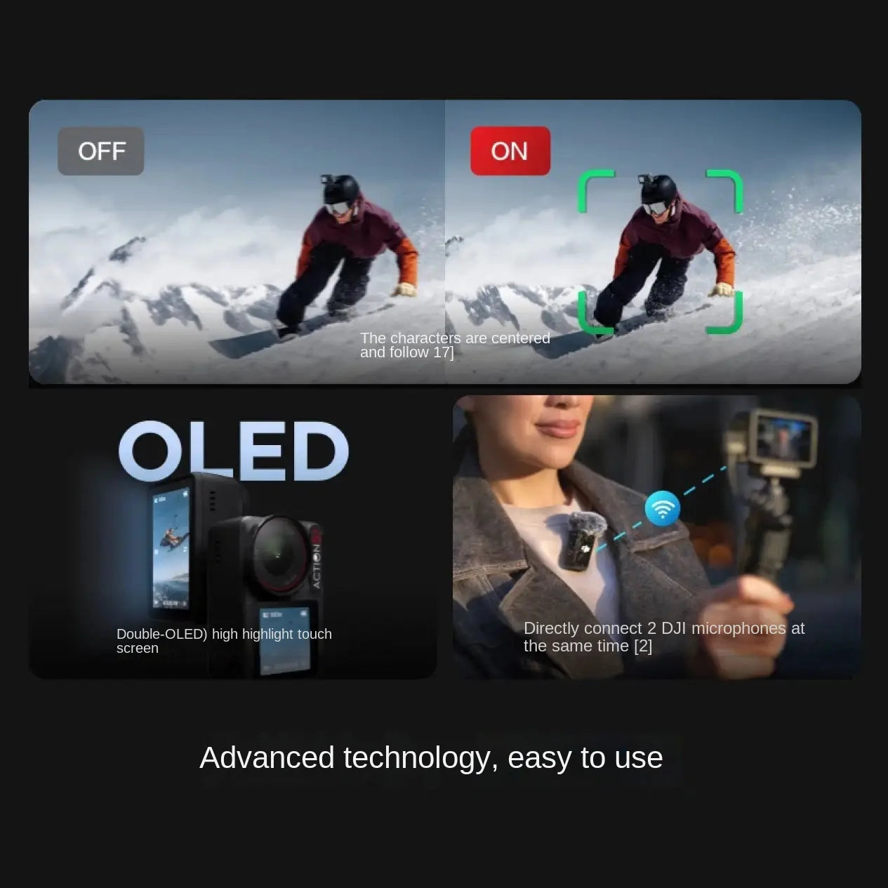 OLED display showing a person skiing with camera tracking features and product features.