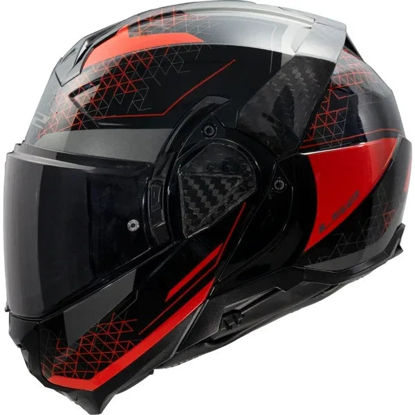 Black and red motorcycle helmet with clear visor on a white background