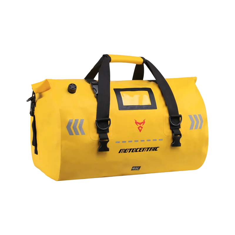 Yellow duffel bag with black straps and branding on a white background