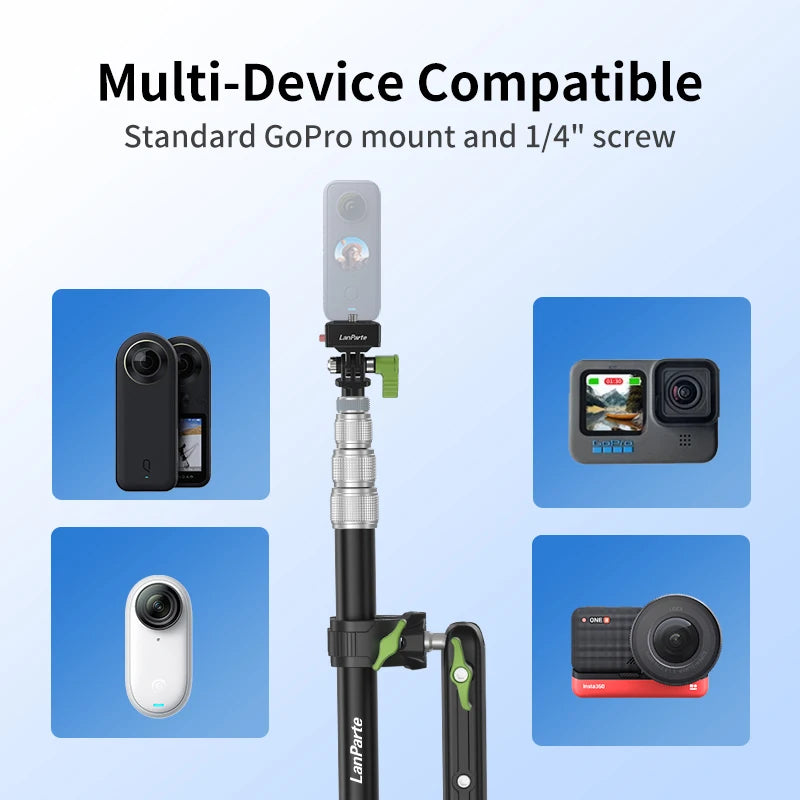 LanParte Extendable Motorcycle Boom Arm – Aluminium Alloy, 360° Adjustable, GoPro &amp; Insta360 Compatible