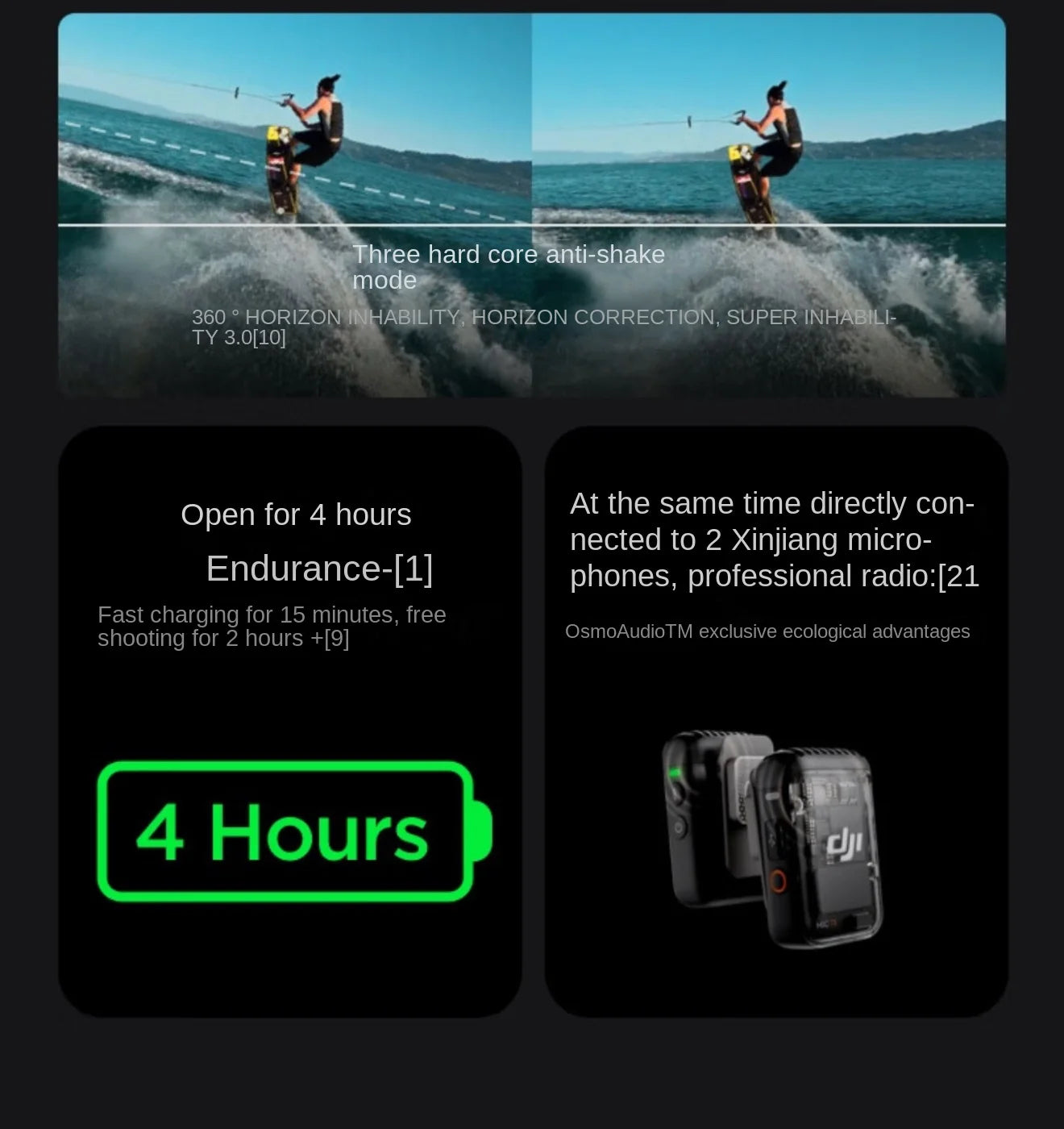 Product advertisement with text about endurance, connectivity, and features on a black background.