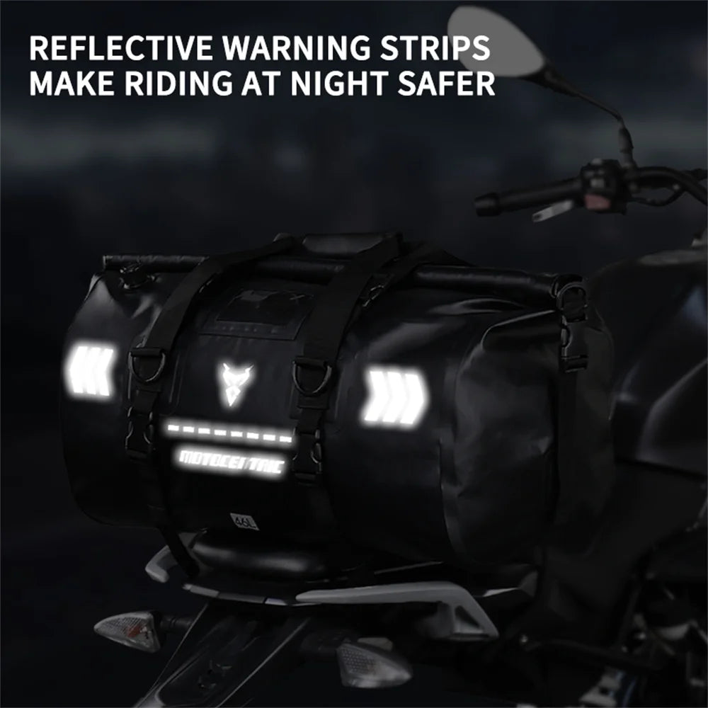 Motorcycle with reflective warning strips on a dark background