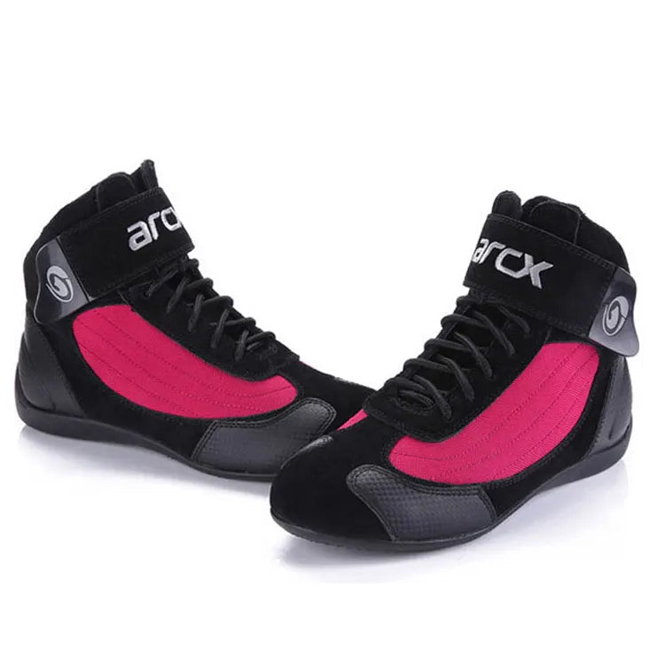Black and pink high-top shoes with 'arcx' branding on a white background
