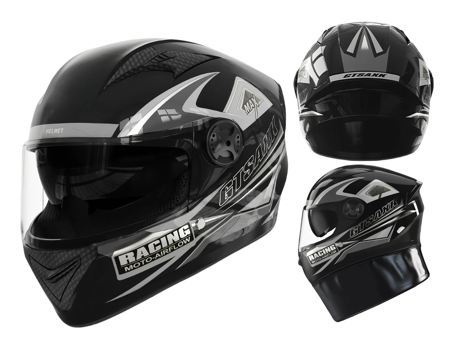Black and gray motorcycle helmet with branding on a white background