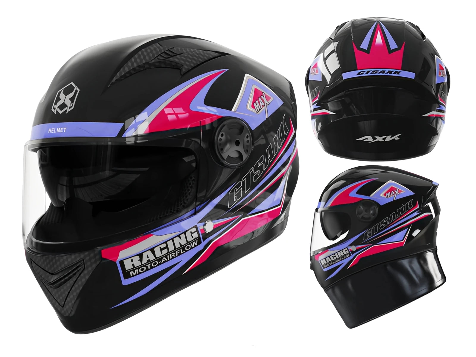 Black motorcycle helmet with pink and purple accents on a white background