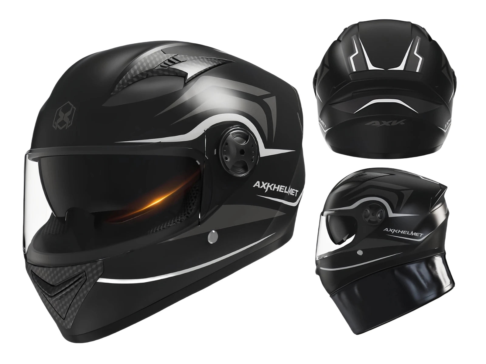 Black motorcycle helmet with white accents and 'AXXHELMET' branding on a white background