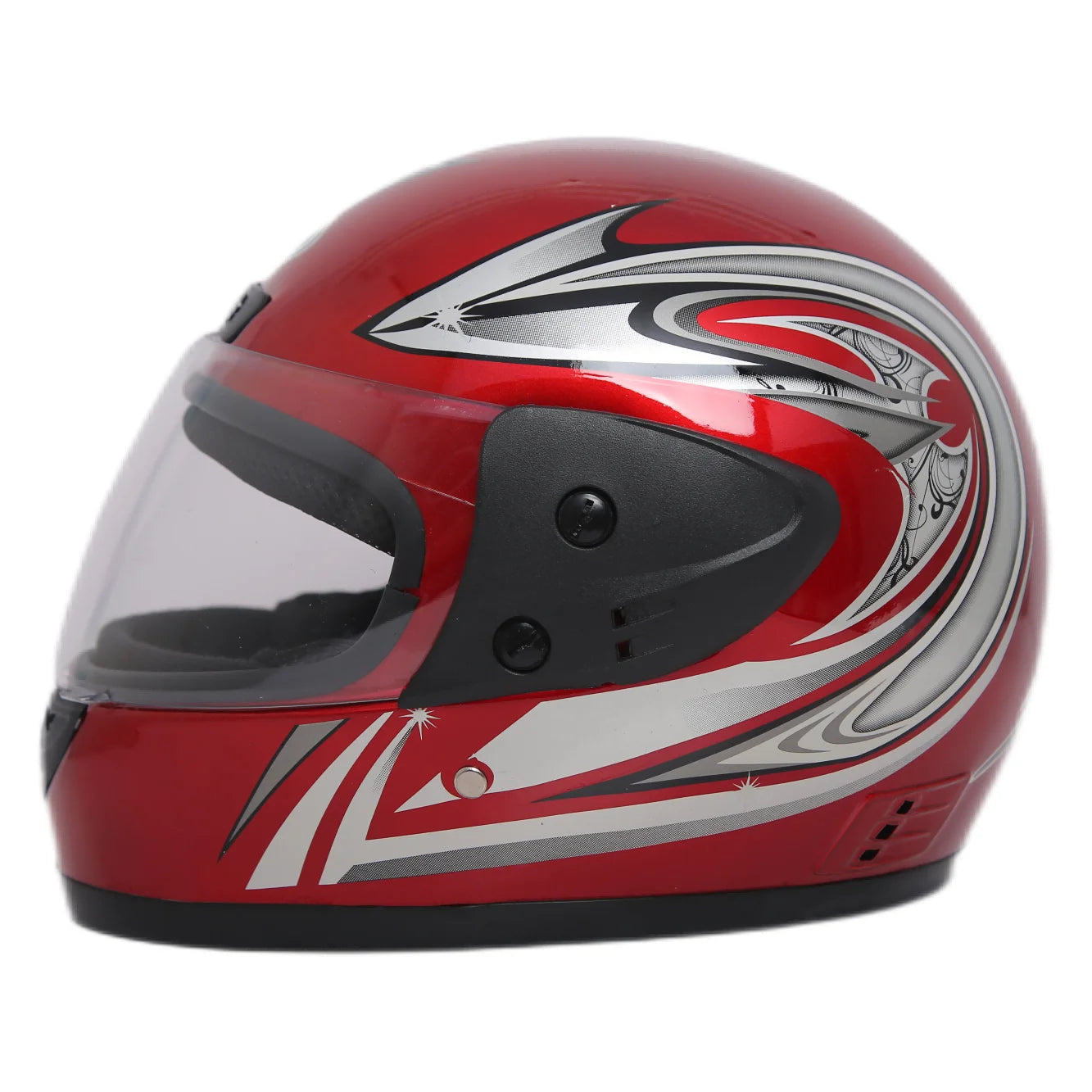 Red motorcycle helmet with black and white design on a white background