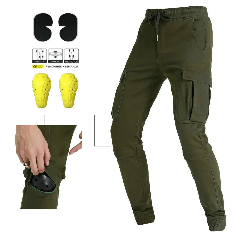 Green cargo pants with knee pads and additional knee pad illustrations on a white background