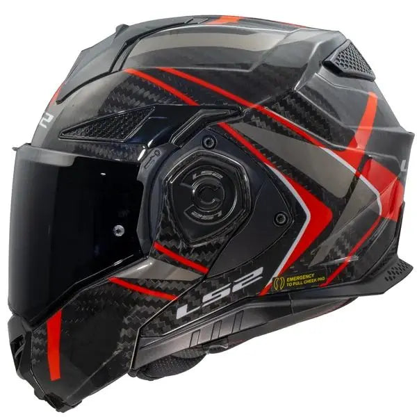 Black and red motorcycle helmet with LS2 branding on a white background