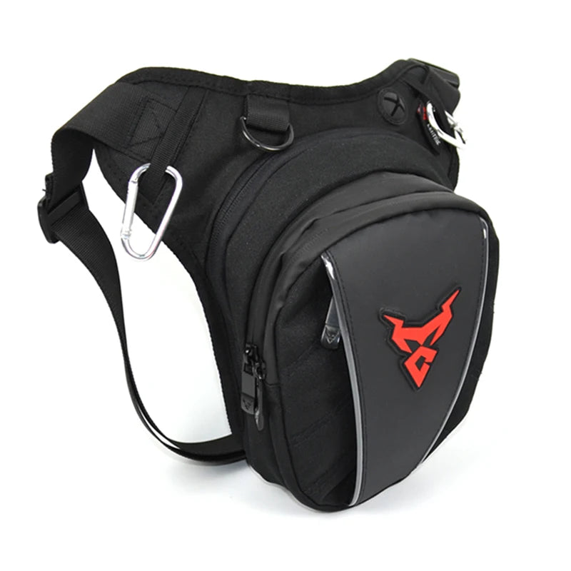 Black waist bag with a red logo on a white background