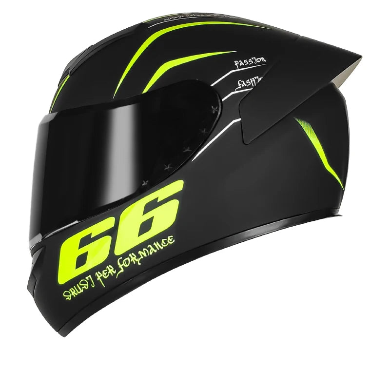 Black motorcycle helmet with yellow accents and branding on a white background