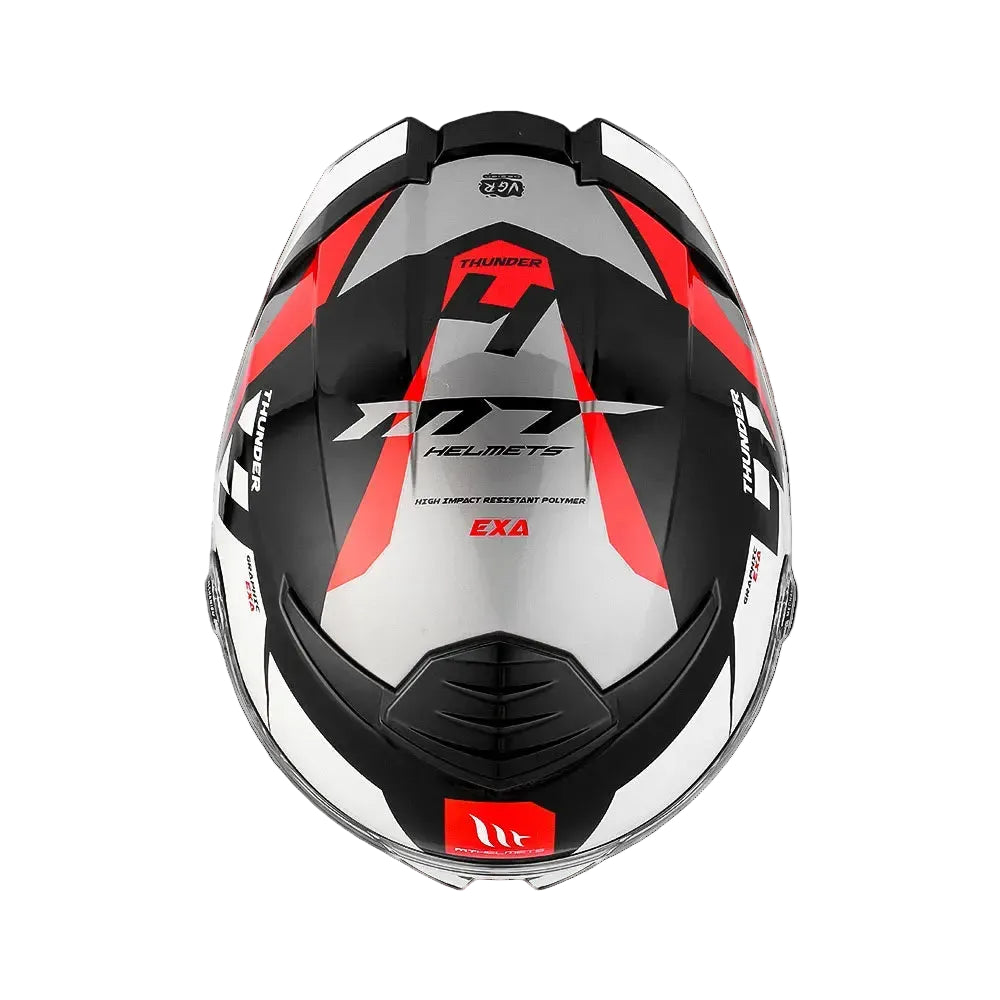 Black, red, and white helmet with visible branding on a white background