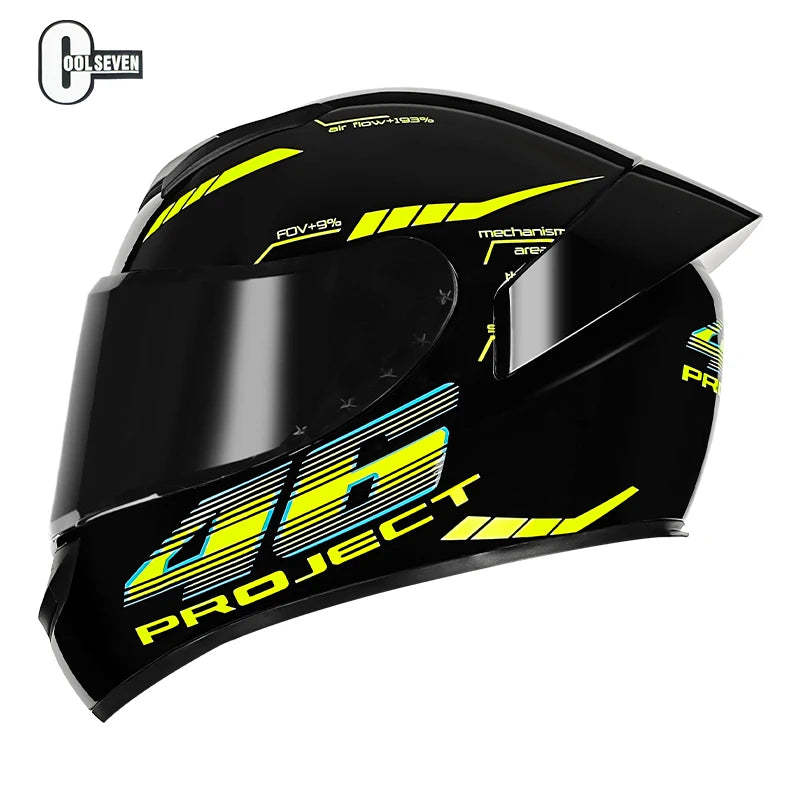 Black motorcycle helmet with yellow and blue accents on a white background