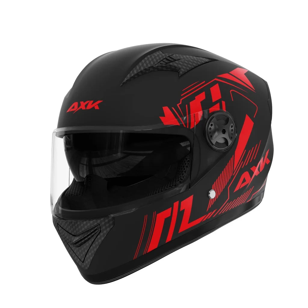 Black and red motorcycle helmet with 'AXX' branding on a white background
