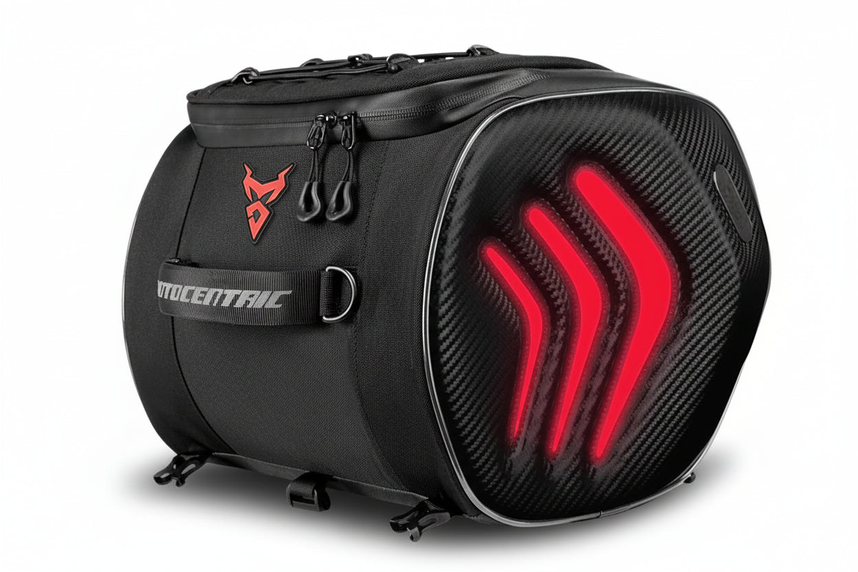 Black motorcycle saddlebag with red accents and a visible brand logo on a white background