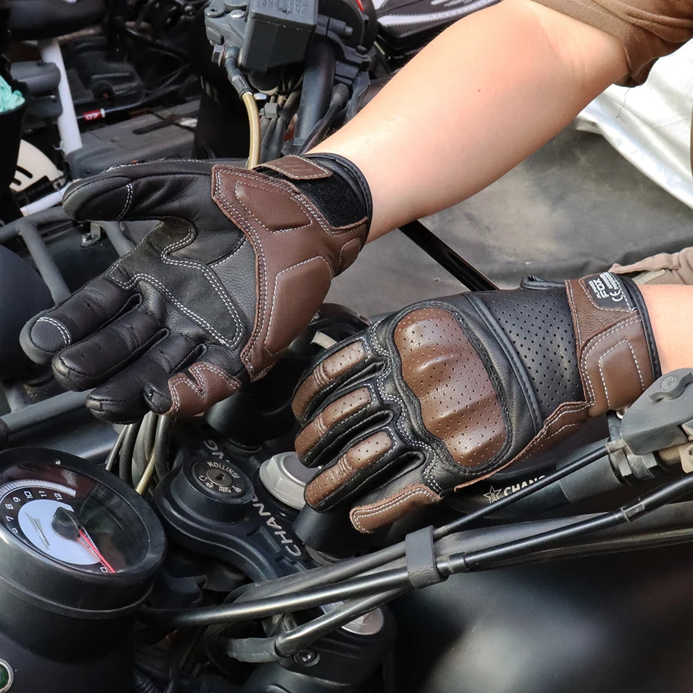 ALPINES FOX Vintage Leather Motorcycle Gloves – Touchscreen, Breathable
