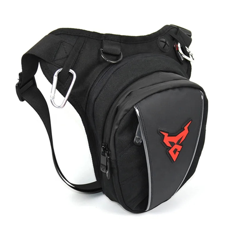 Black waist bag with a red logo on a white background