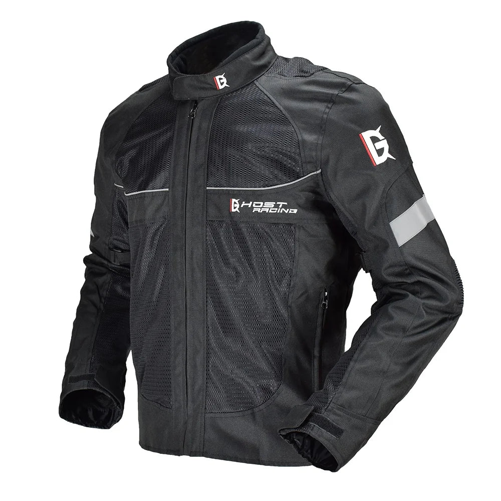 Black motorcycle jacket with mesh design on a white background
