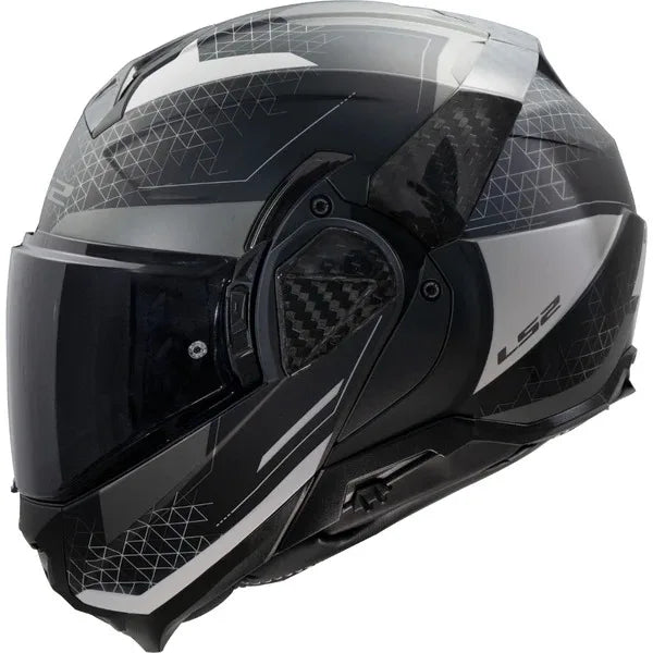 Black and gray motorcycle helmet with geometric patterns on a white background