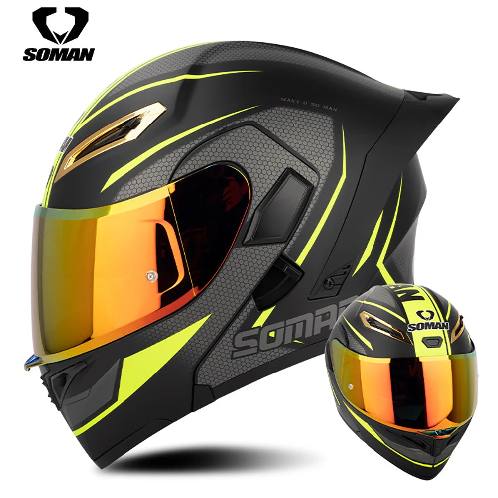 SOMAN Dual Lens Full Face Motorcycle Helmet – DVS Dual Visor, HD Outer Lens, UVA+IR Inner Sunglasses, Multi-Vent