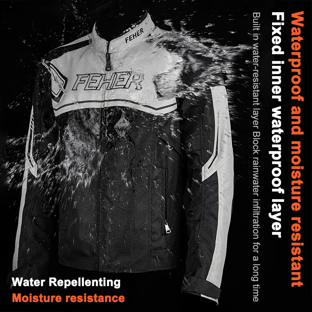 FEHER Waterproof Winter Motorcycle Riding Jacket – 7-Piece CE Level 1 Armor, 600D Oxford, Thermal Lining