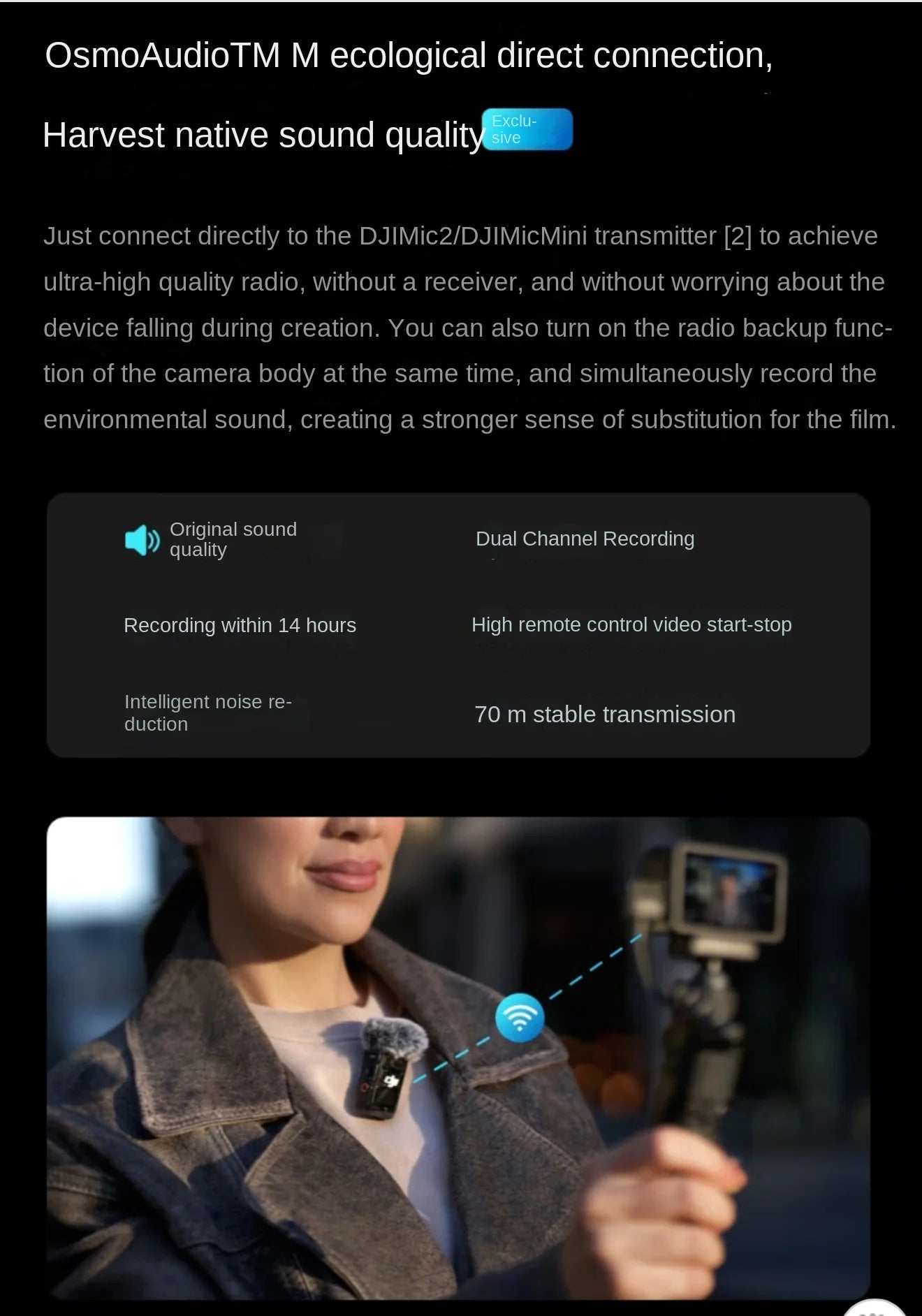 OsmoAudioTM M ecological direct connection feature with text and person holding a camera with microphone.