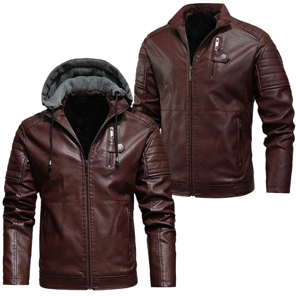 Brown leather jacket with gray hood and MJMOTO branding on a white background