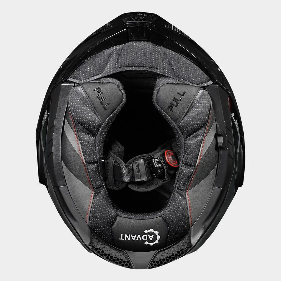 Black and gray motorcycle helmet with ADVANT branding on a light gray background