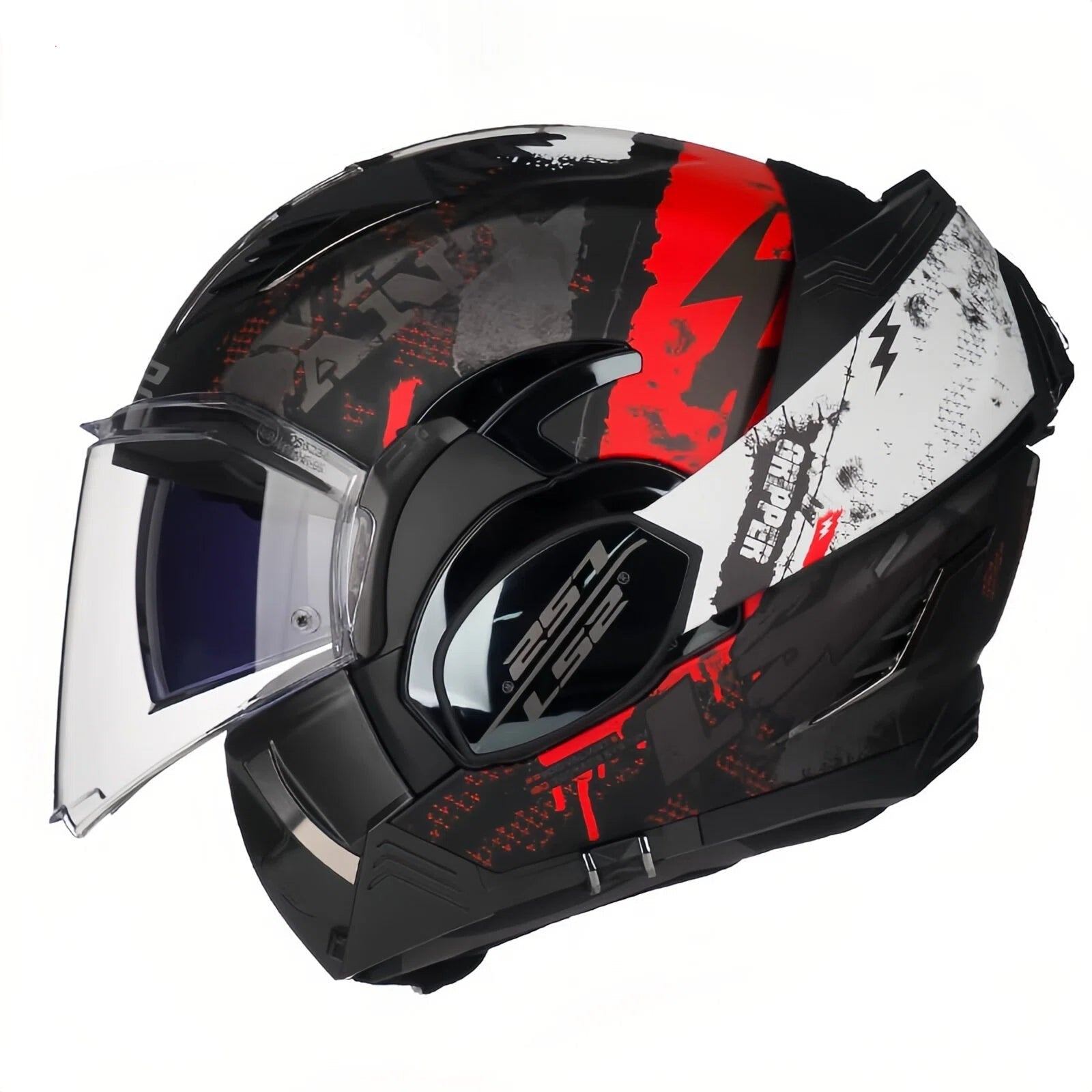 Black and red motorcycle helmet with clear visor on a white background, featuring LS2 Helmets logo.
