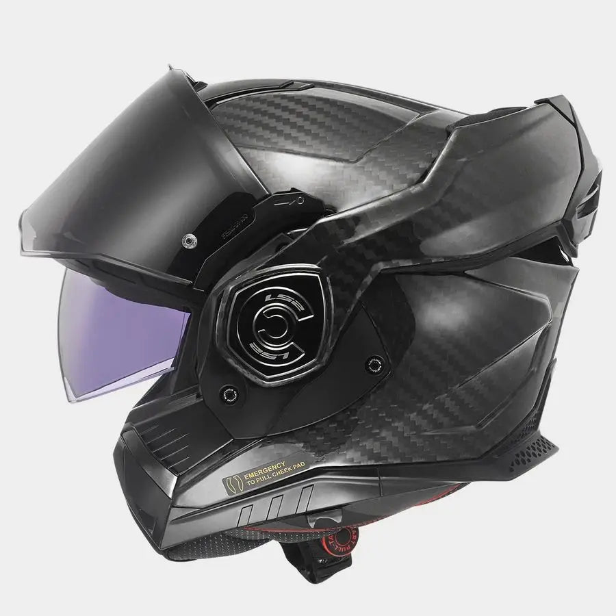 Black motorcycle helmet with visor on a white background