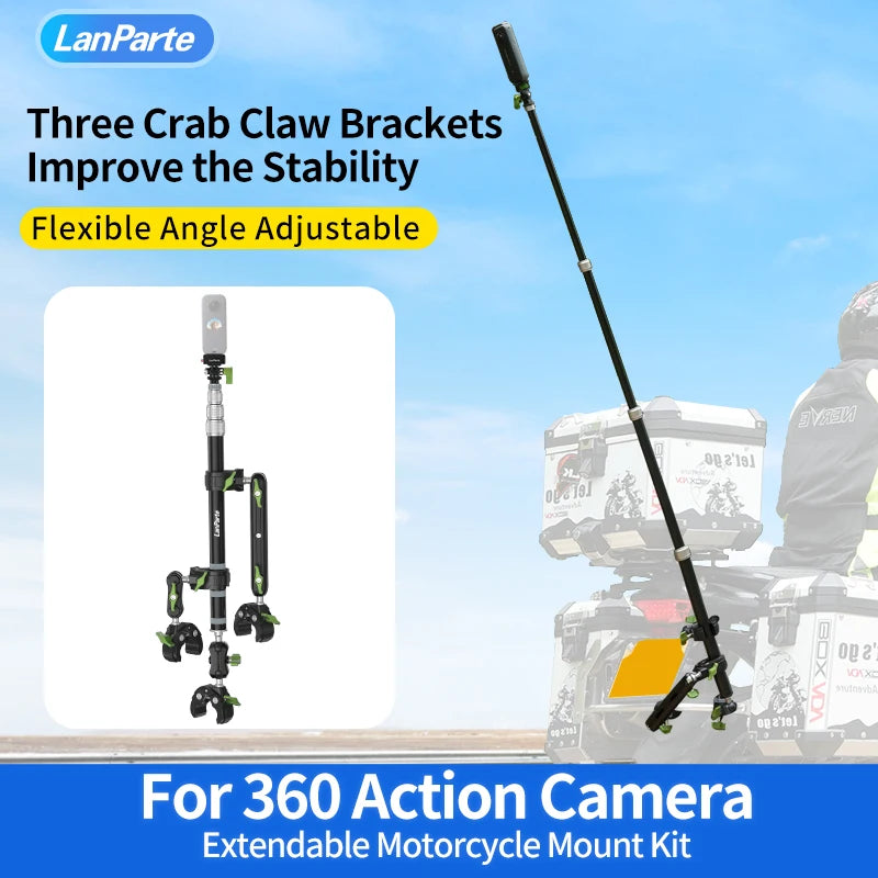 LanParte PMH-C3 Motorcycle Action Camera Mount – Invisible Monopod &amp; Handlebar Clamp for GoPro &amp; Insta360