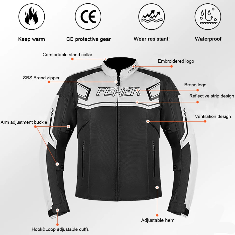FEHER Waterproof Winter Motorcycle Riding Jacket – 7-Piece CE Level 1 Armor, 600D Oxford, Thermal Lining