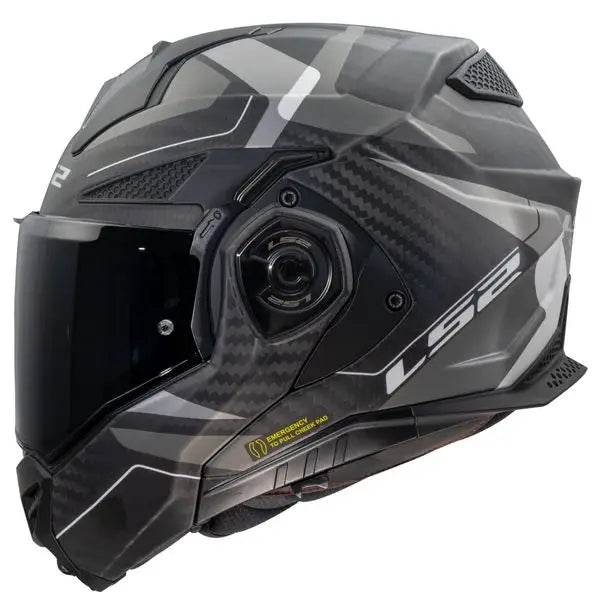 Black and gray motorcycle helmet with LS2 branding on a white background