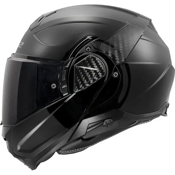 Black motorcycle helmet with a clear visor on a white background