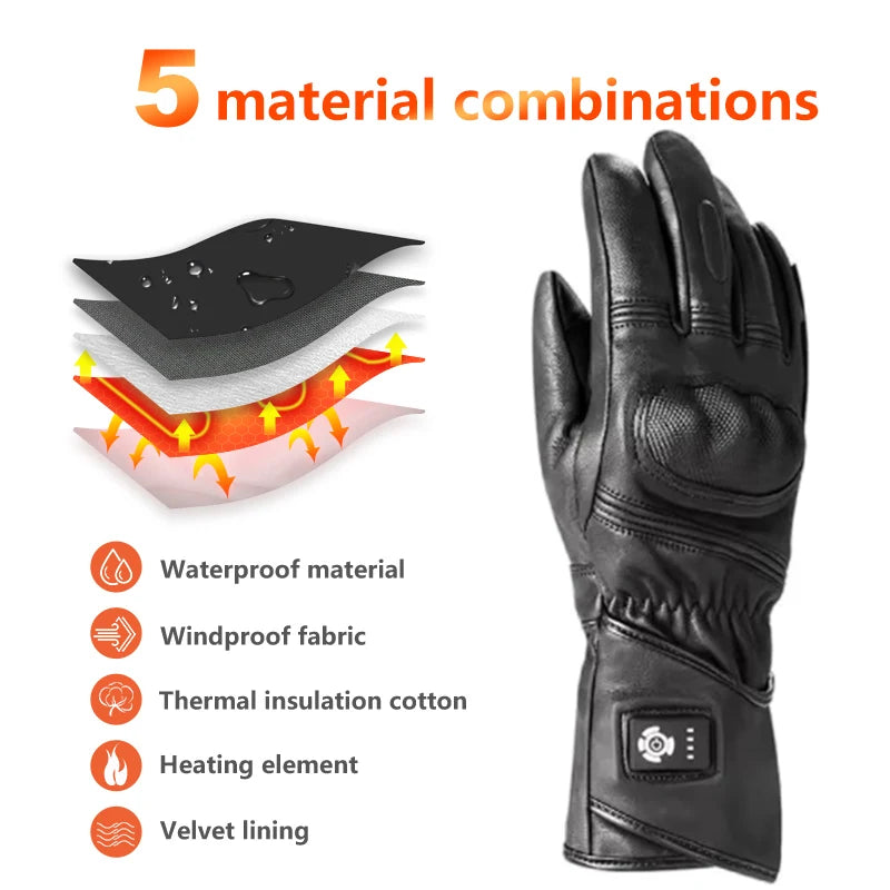 Leather Electric Heating Motorcycle Gloves – Waterproof, Windproof, Thermal Riding Gloves