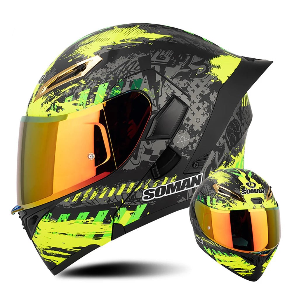 SOMAN Dual Lens Full Face Motorcycle Helmet – DVS Dual Visor, HD Outer Lens, UVA+IR Inner Sunglasses, Multi-Vent