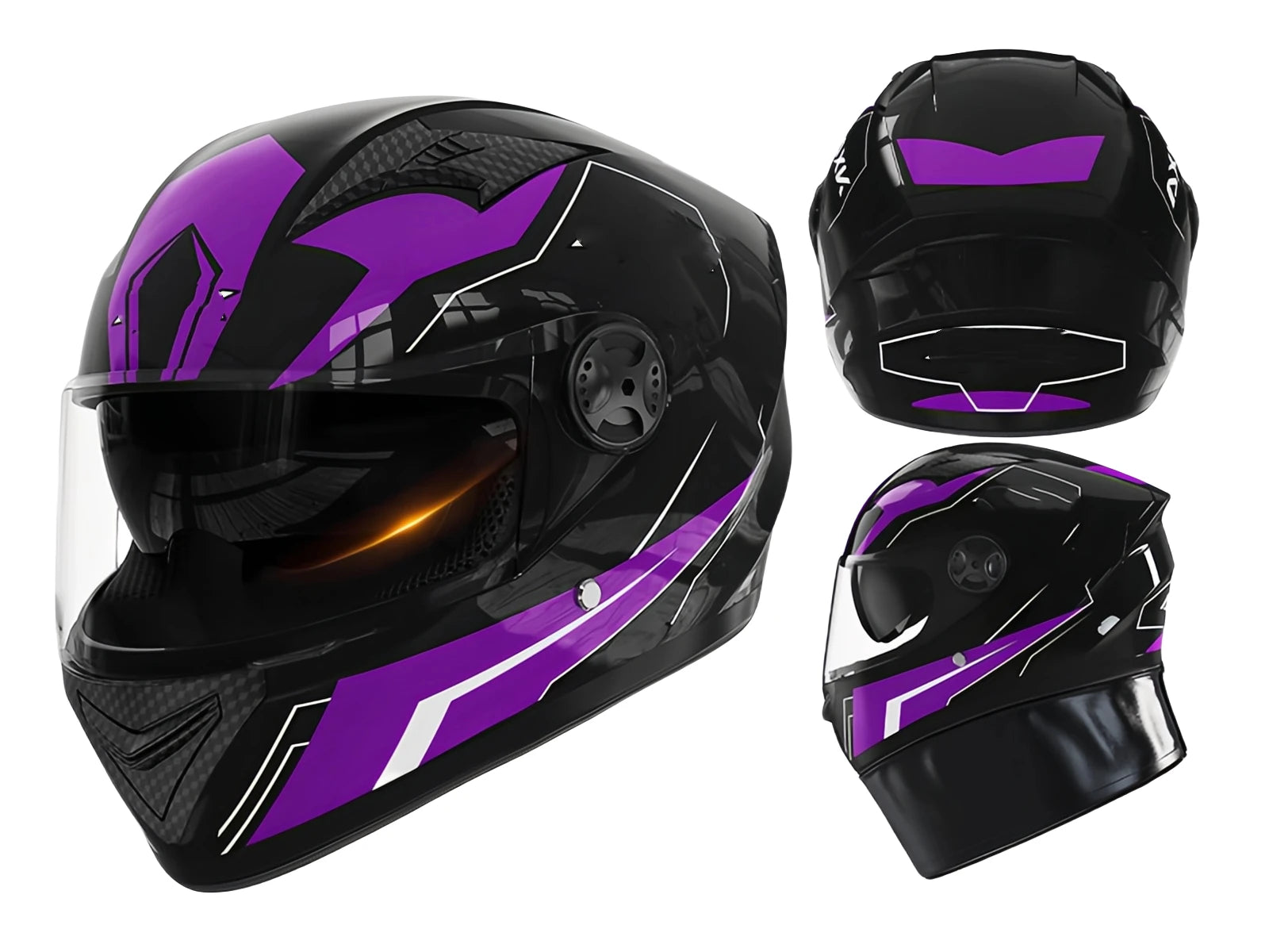 Black and purple motorcycle helmet with visor on a white background