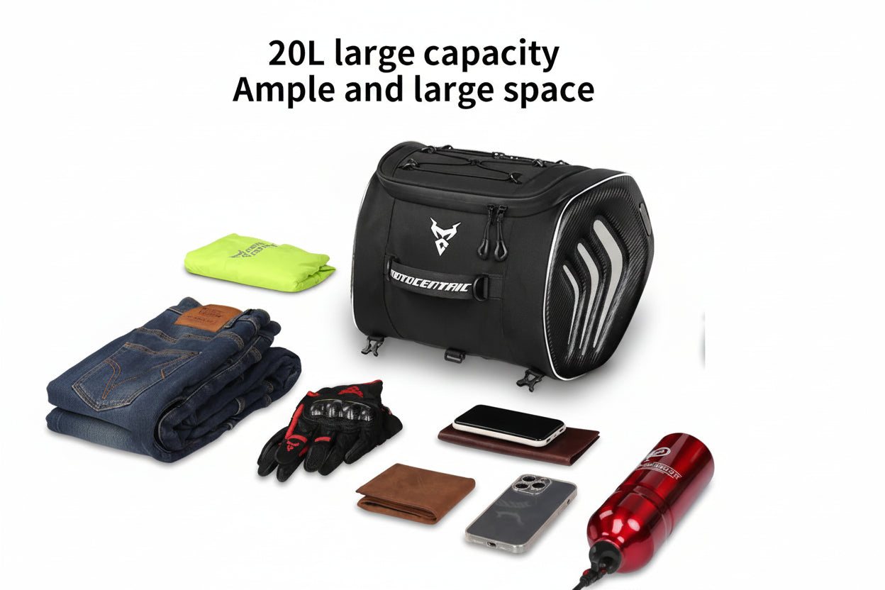 Black motorcycle luggage bag with various items on a white background