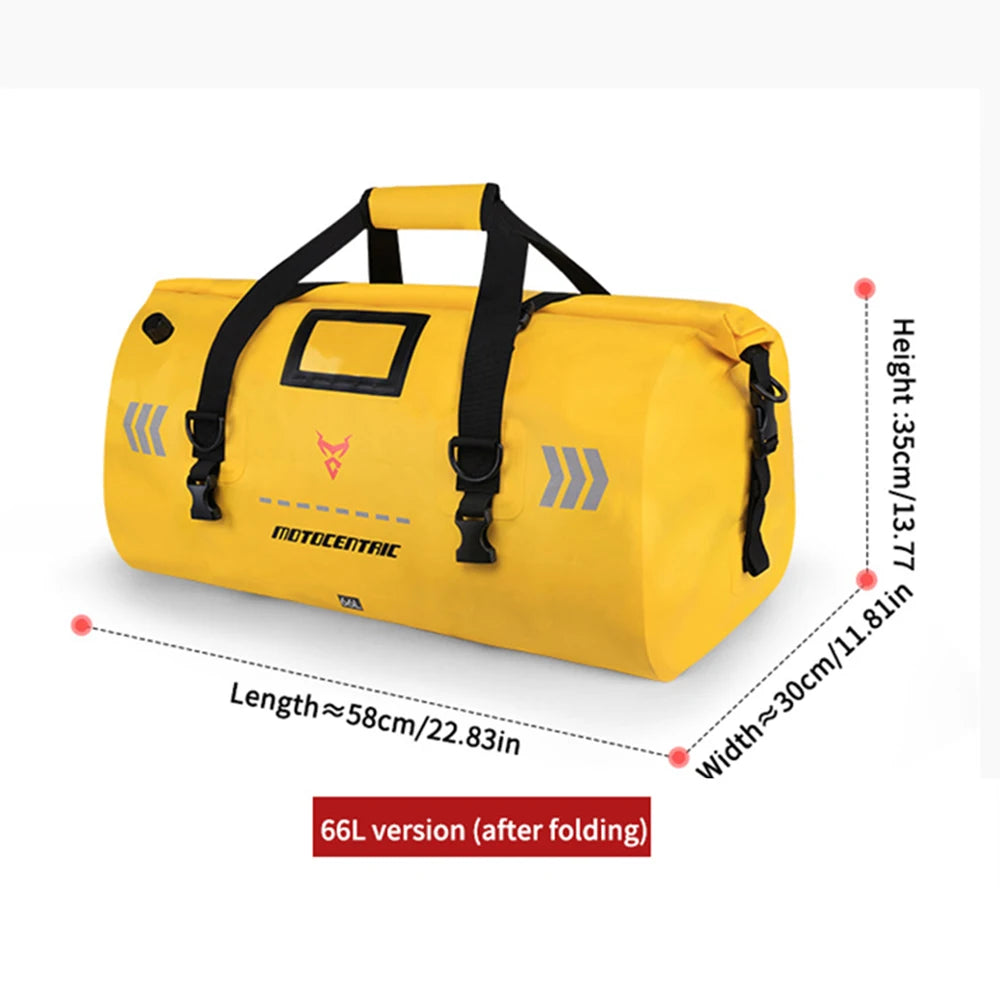 Yellow duffel bag with black straps and measurements on a white background