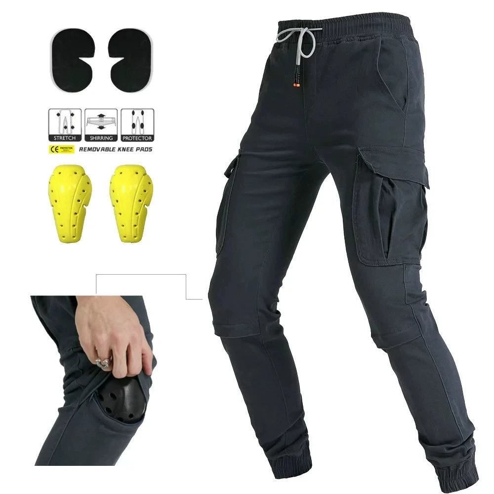 Black cargo pants with knee pads and additional knee pad components on a white background