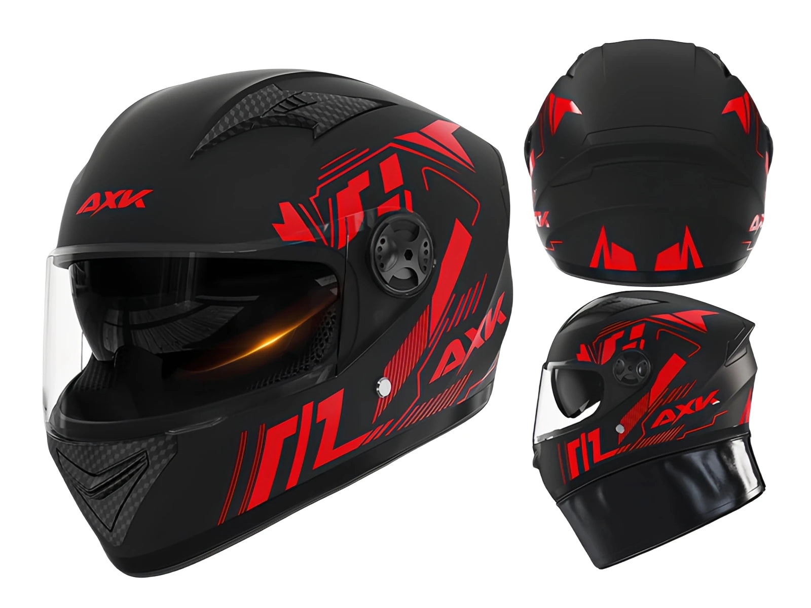 Black and red helmet with 'AXX' branding on a white background