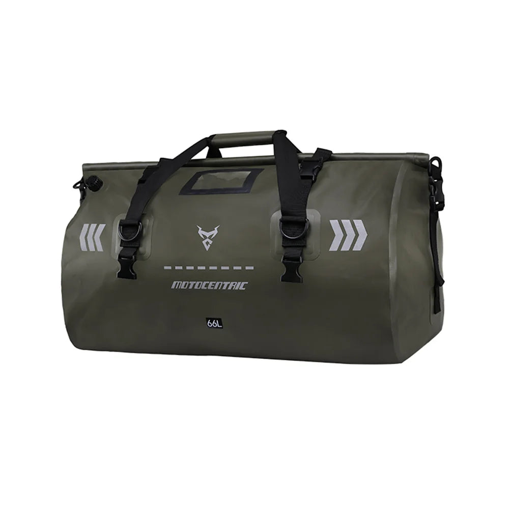 Green duffel bag with black straps on a white background