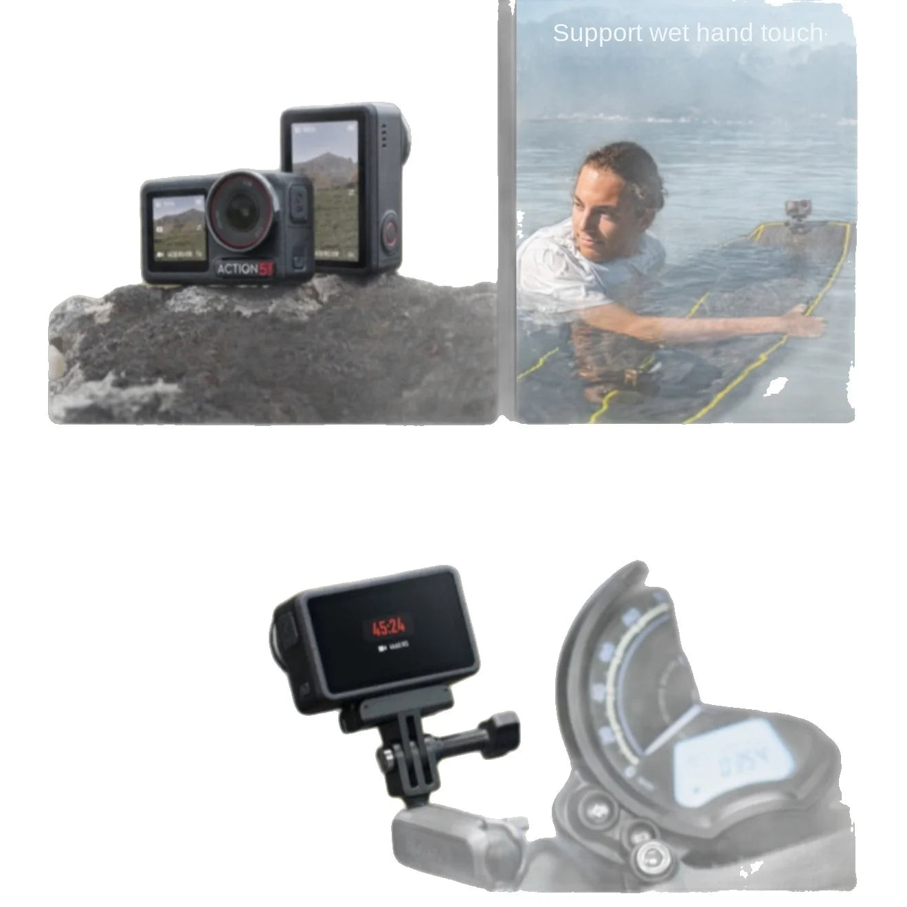 Action camera with screen, wrist strap, and mounting bracket on a white background.