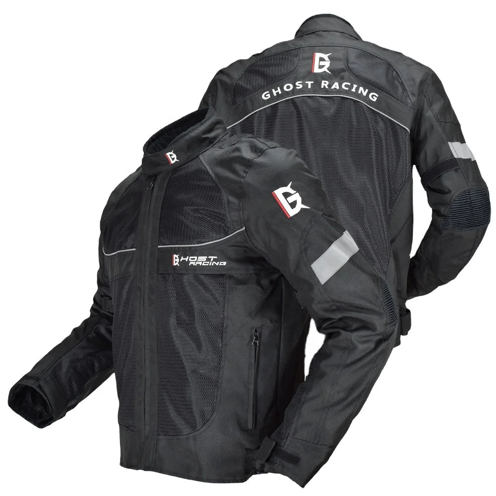 Black racing jacket with 'Ghost Racing' branding on a white background