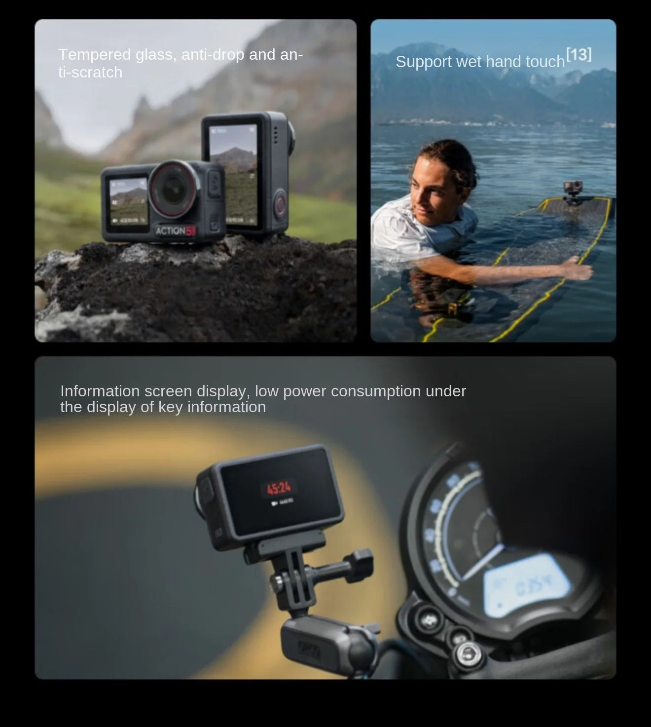 Action camera with features highlighted on a mountain, underwater, and motorcycle display.